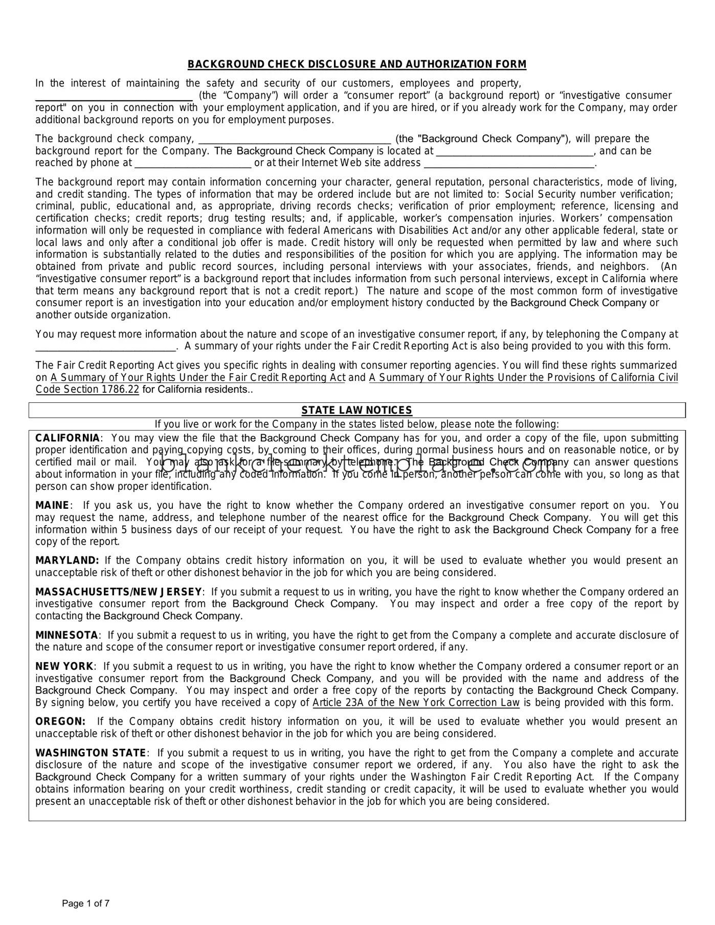Printable Background Check Authorization Form in PDF