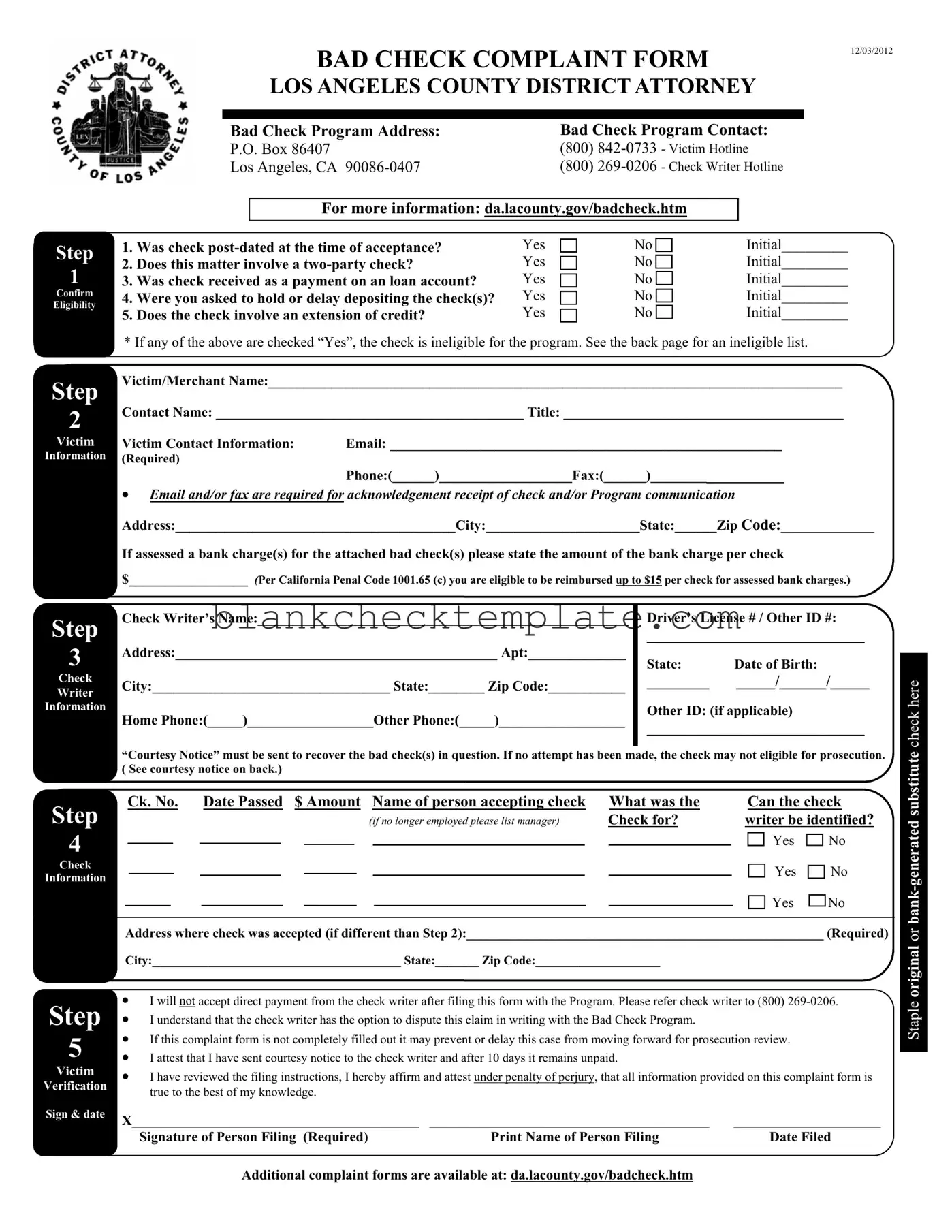 Printable Bad Check Complaint Form in PDF