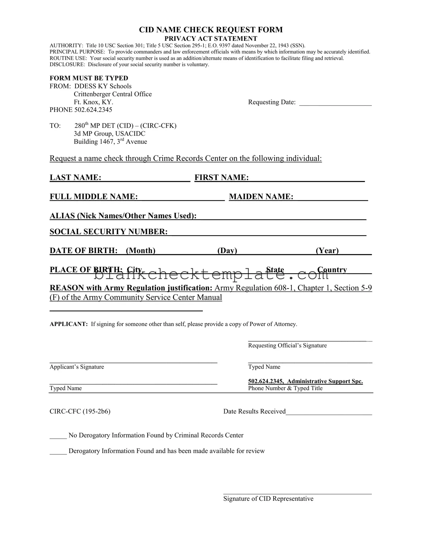Printable Cid Name Check Request Form in PDF