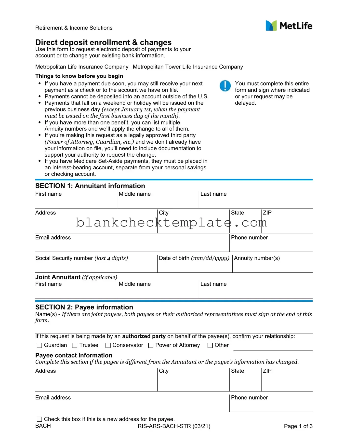 Printable Deposit Metlife Check Form in PDF