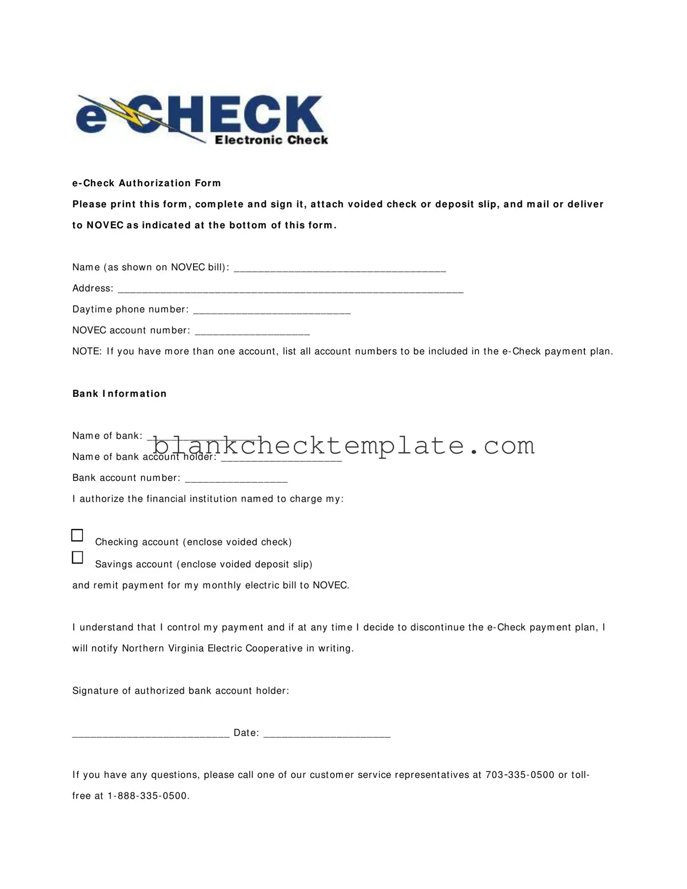 Printable E Check Authorization Form in PDF