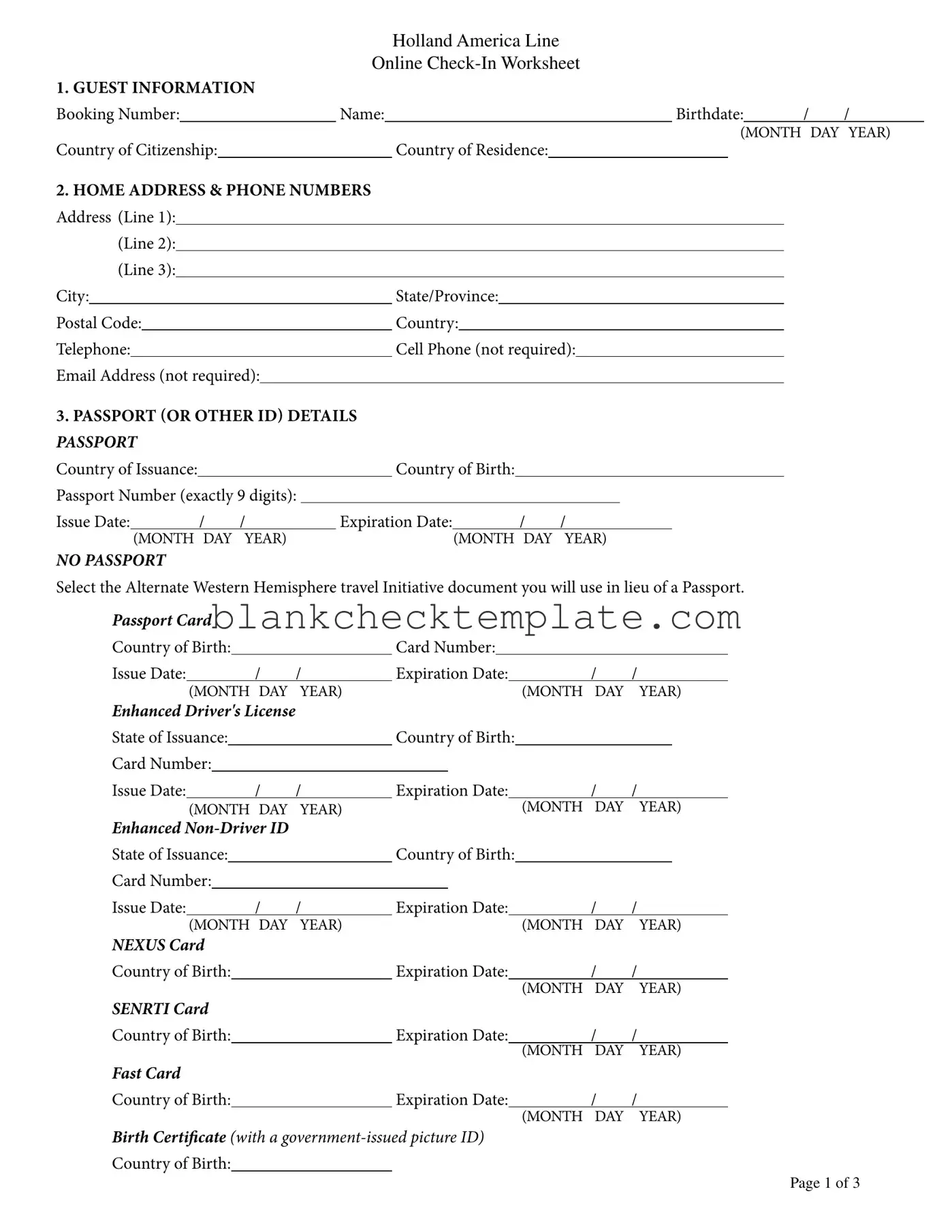 Printable Holland America Check In Form in PDF