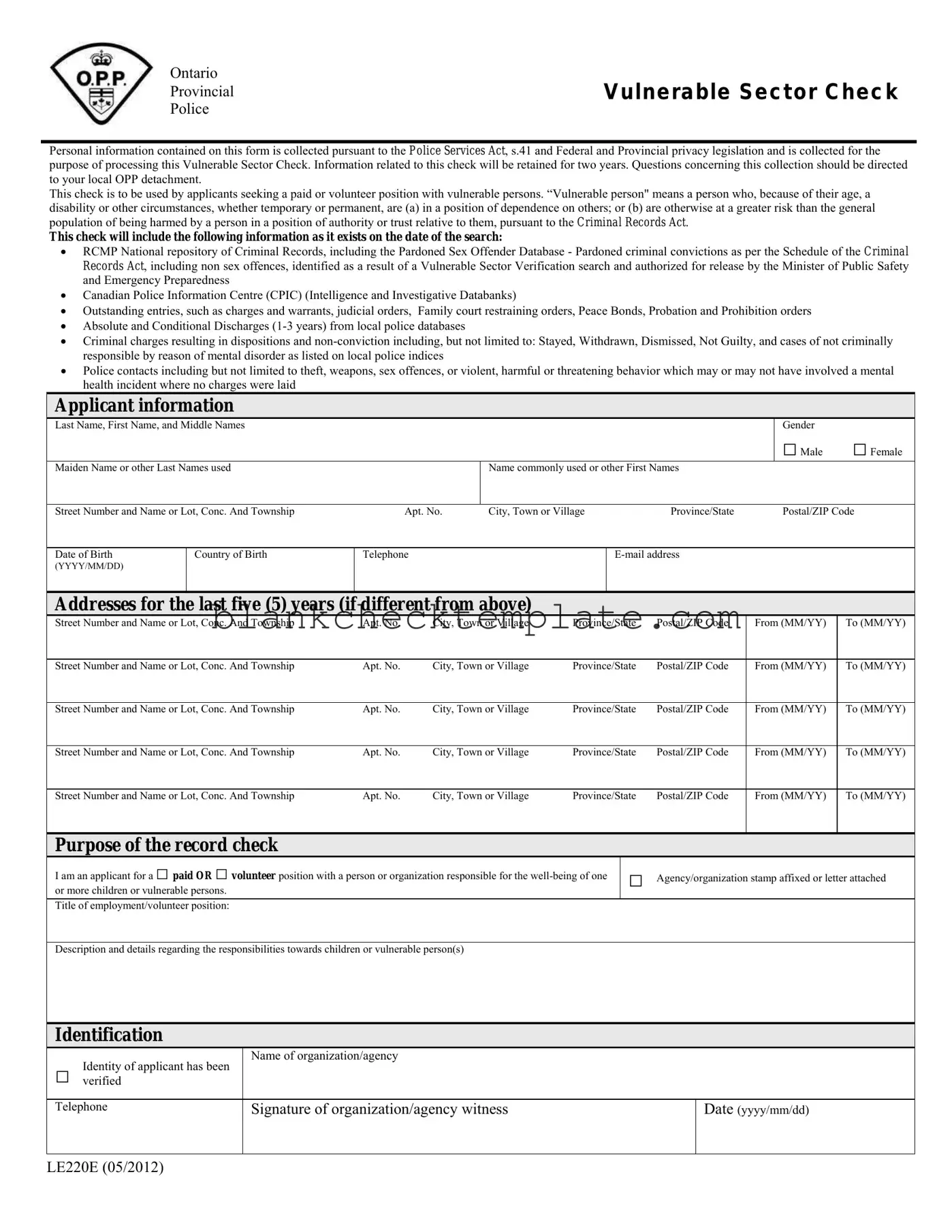 Printable Le220E Vulnerable Sector Check Form in PDF