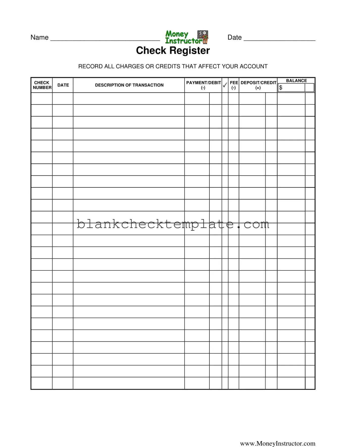Printable Money Instructor Check Register Form in PDF