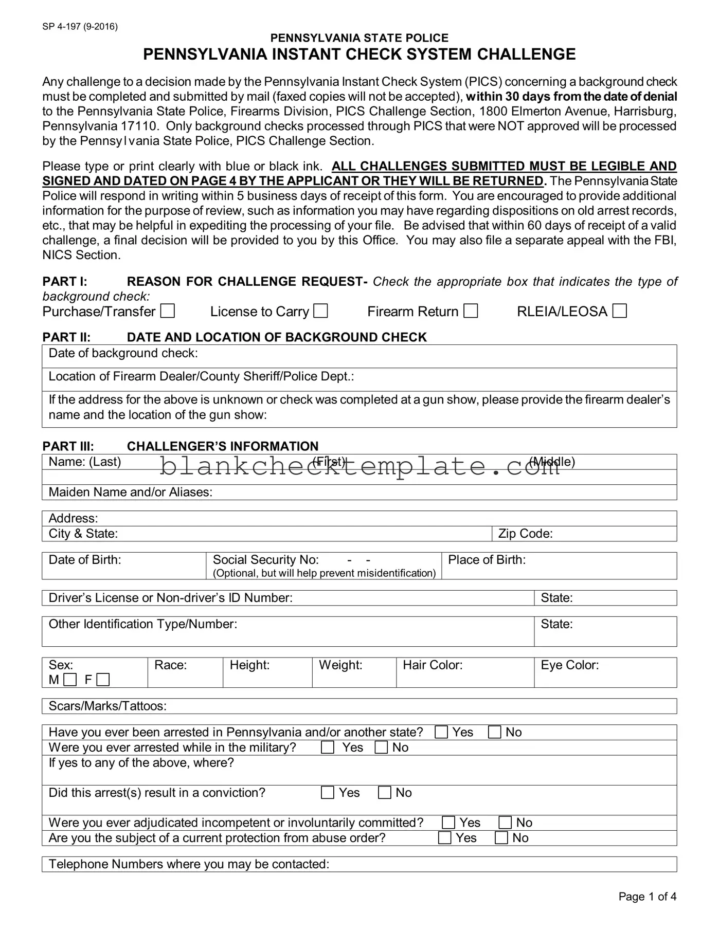 Printable Pennsylvania Instant Check System Form in PDF