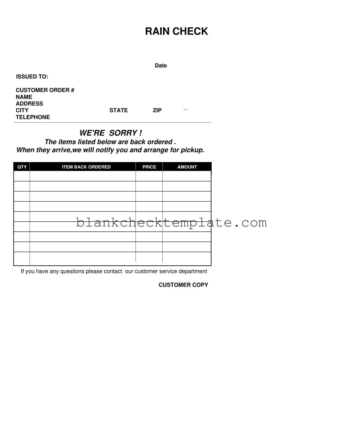 Printable Rain Check Form in PDF