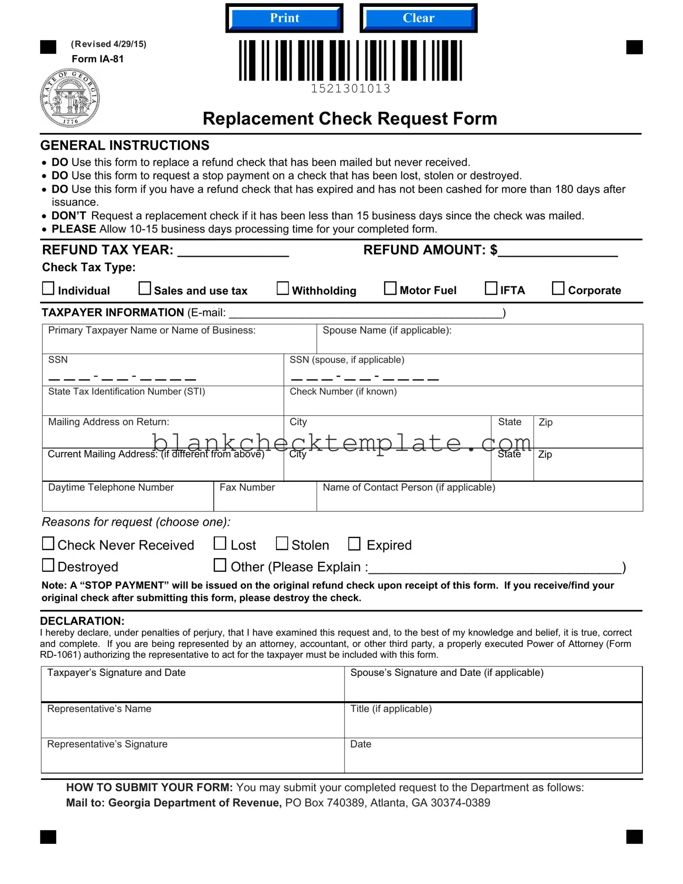 Printable Replacement Check Request Georgia Form in PDF