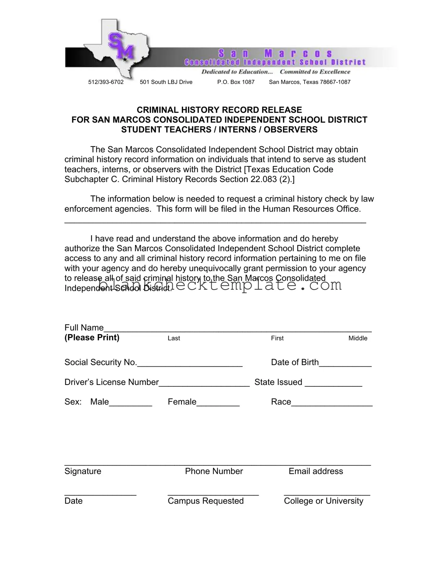 Printable San Marcos Tx Cisd Background Check Form in PDF